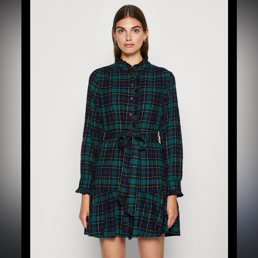 GAP flannel cotton green plaid tiered long sleeve dress - medium tall